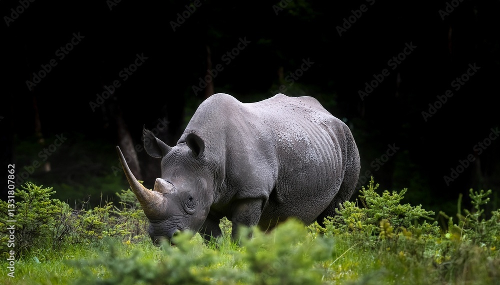 Obraz premium A critically endangered black rhinoceros quietly grazes in a forest glade, its thick, textured skin blending with the dappled shadows, a serene and poignant wildlife moment.