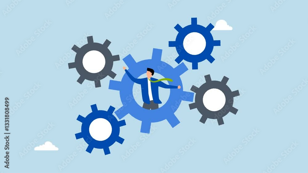 Process and workflow optimization, 4k animation businessman on gear, cogwheels optimize process. Process and workflow optimization, 4k animation businessman on gear, cogwheels optimize process.