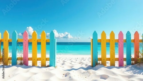 Vibrant painted fence on a pristine beach, idyllic summer scene, inviting ocean view