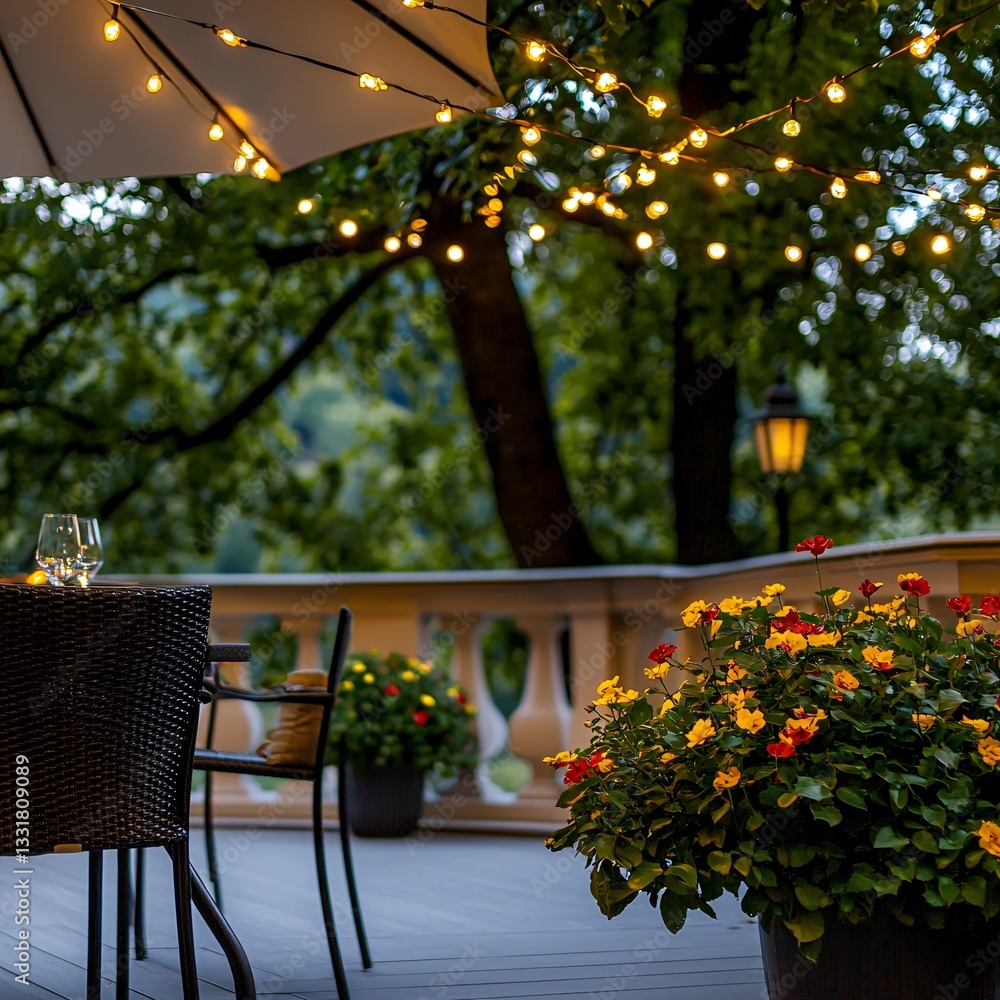Obraz premium Evening garden patio dining, lights, flowers. Website, blog use