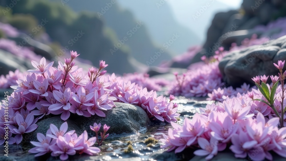 Delicate Pink Blossoms Adorn Smooth Stream Rocks in Serene Mountain Setting Delicate Pink Blossoms Adorn Smooth Stream Rocks in Serene Mountain Setting