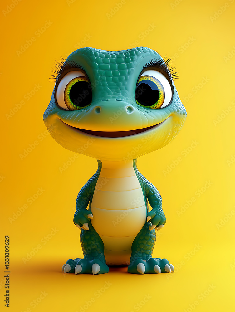 Happy green animated creature with large eyes and a big smile against a bright yellow background