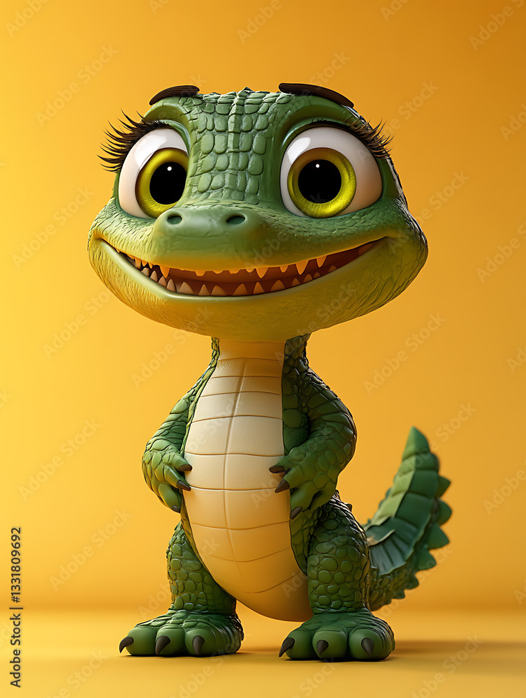 Happy green animated creature with large eyes and a big smile against a bright yellow background