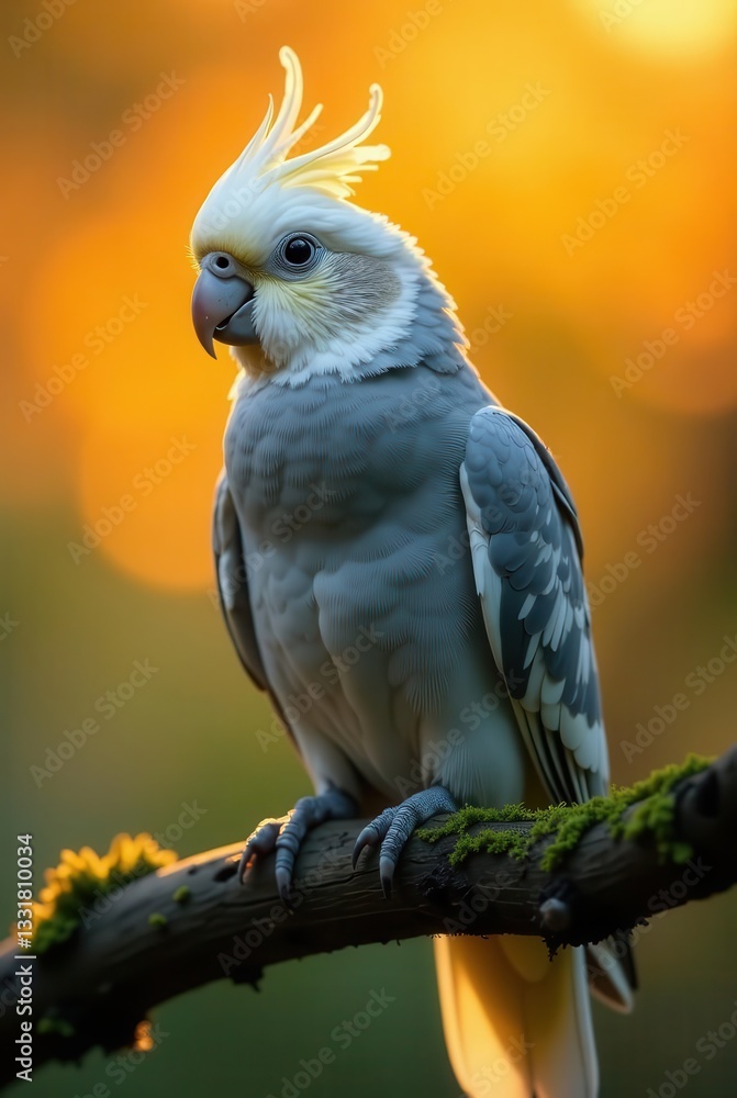 A graceful cockatoo perched on a mossy branch, bathed in the warm glow of the setting sun, showcasing its vibrant plumage and elegant posture. A graceful cockatoo perched on a mossy branch, bathed in the warm glow of the setting sun, showcasing its vibrant plumage and elegant posture.