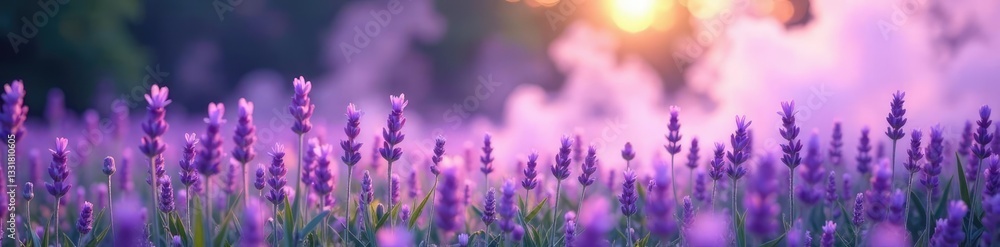 Obraz premium Gentle lavender smoke drifts through a peaceful meadow,, florescent
