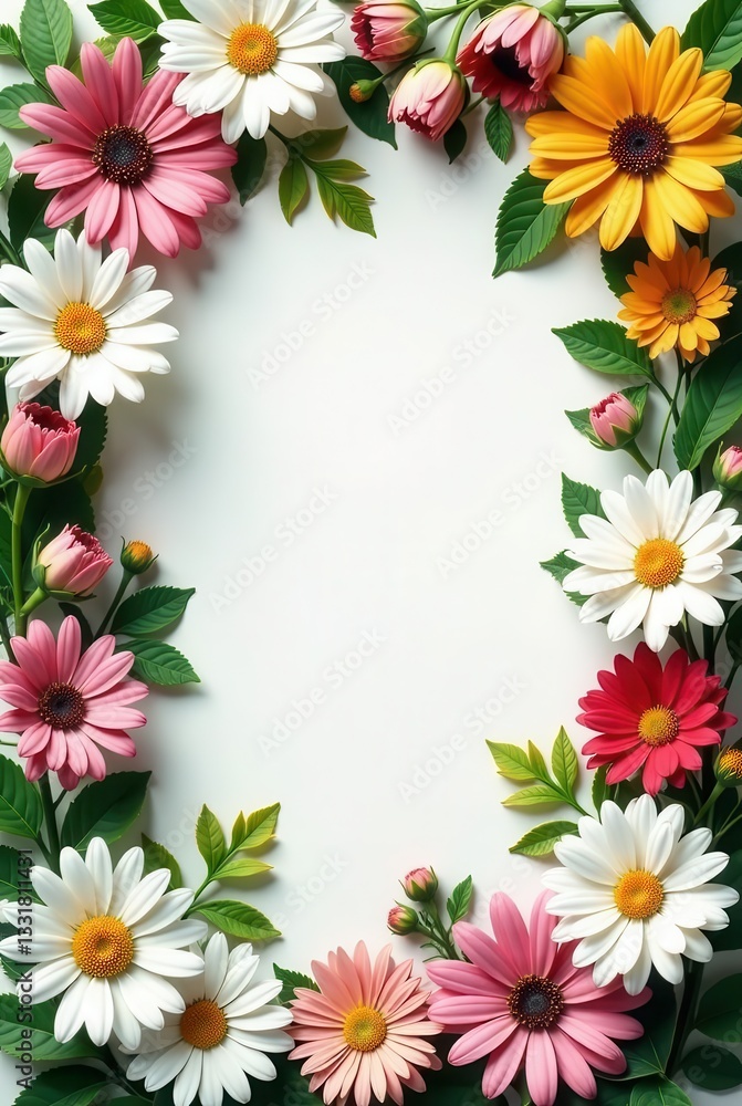 Vibrant Floral Frame with Delicate Blossoms and Lush Greenery, Perfect for Springtime Announcements or Invitations Vibrant Floral Frame with Delicate Blossoms and Lush Greenery, Perfect for Springtime Announcements or Invitations