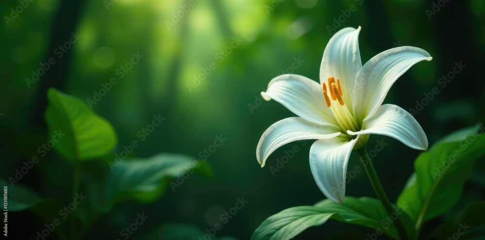 Obraz premium Majestic white lily against deep green jungle backdrop, tropical, green canopy