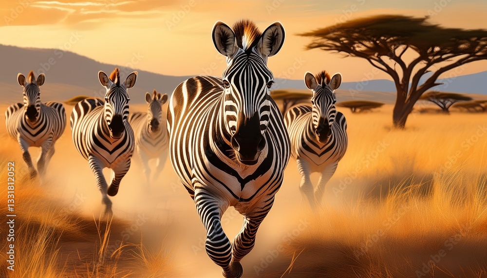 Obraz premium A dynamic illustration of zebras galloping across the open savannah, their black-and-white stripes blending with the golden grass as they move swiftly, embodying the energy of the wild