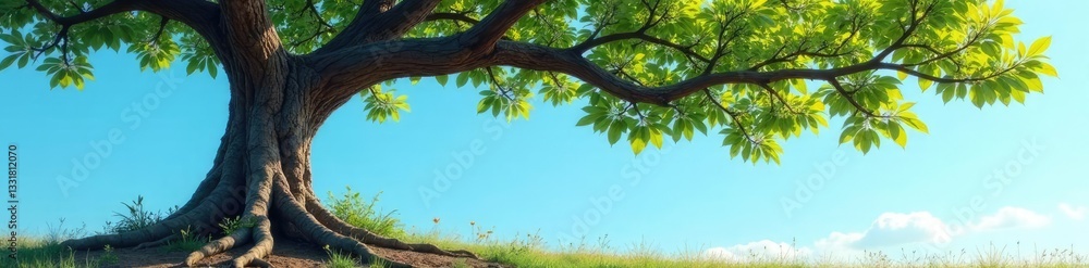 Naklejka premium Mandarin tree trunk and roots against a clear blue sky, Leafy, Botanical