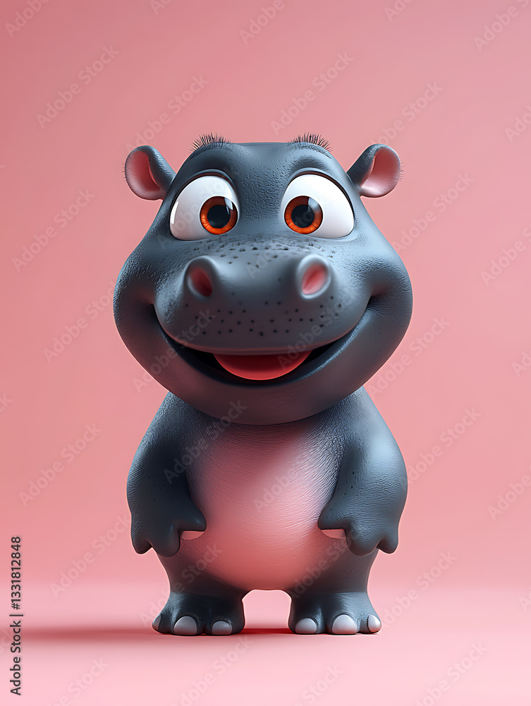 Cute cartoon hippo character with big eyes and a smiling expression stands against a soft pink background
