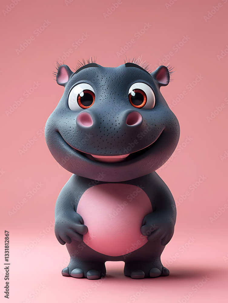 Cute cartoon hippo character with big eyes and a smiling expression stands against a soft pink background