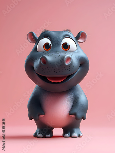 Obraz na płótnie Cute cartoon hippo character with big eyes and a smiling expression stands against a soft pink background w salonie