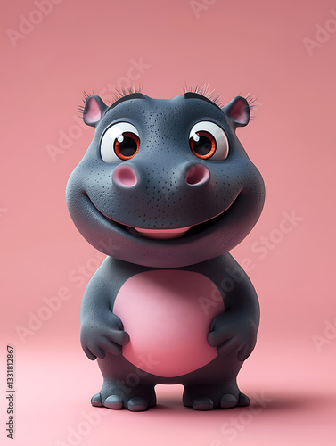 Obraz na płótnie Cute cartoon hippo character with big eyes and a smiling expression stands against a soft pink background w salonie