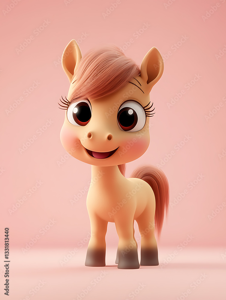Cute cartoon horse with big eyes and vibrant orange mane stands against a soft pink background, exuding a friendly and cheerful expression