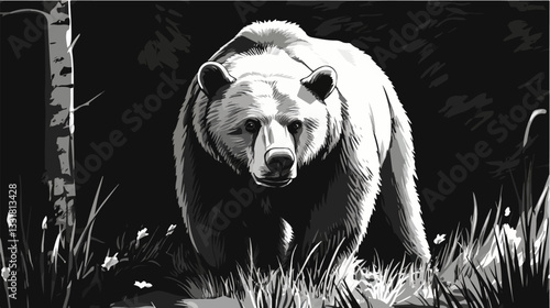 Black and white illustration of a brown bear. Bear. Wild animal.