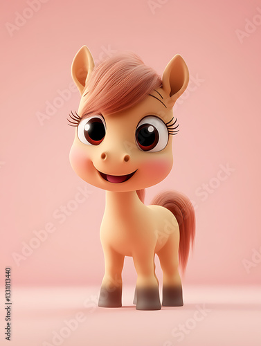 Obraz na płótnie Cute cartoon horse with big eyes and vibrant orange mane stands against a soft pink background, exuding a friendly and cheerful expression w salonie