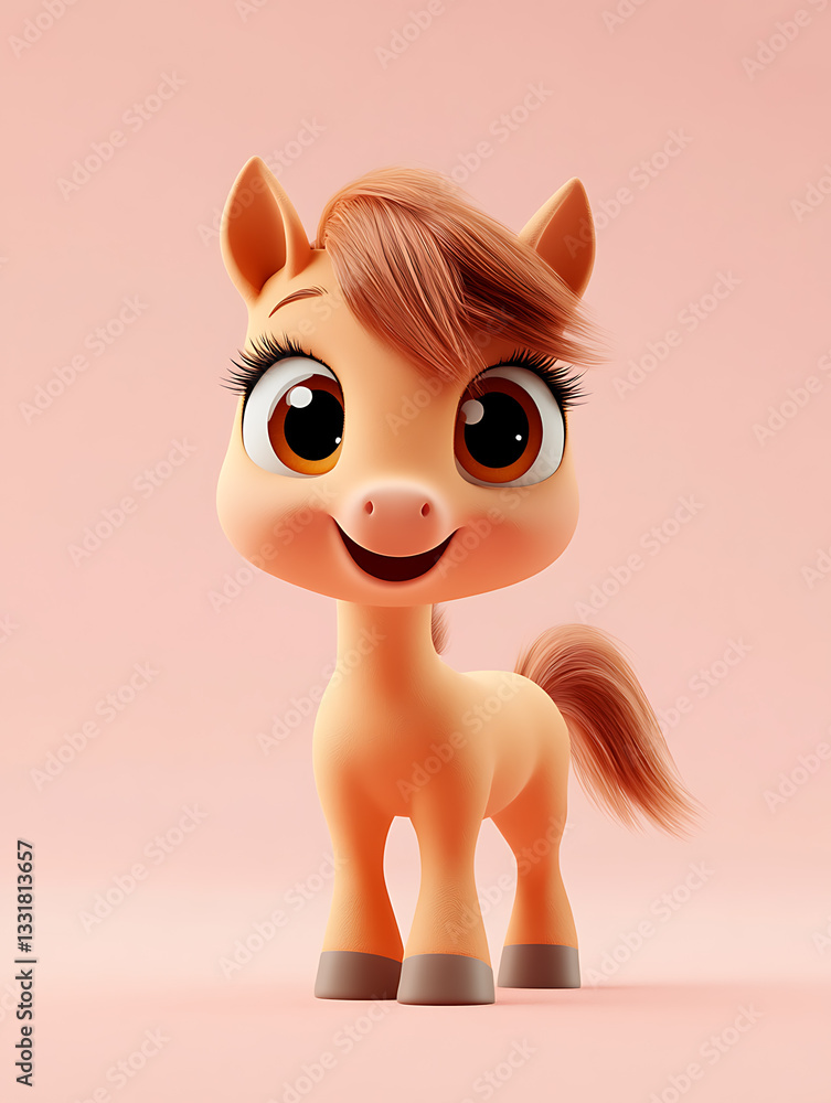 Cute cartoon horse with big eyes and vibrant orange mane stands against a soft pink background, exuding a friendly and cheerful expression