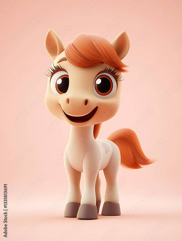 Cute cartoon horse with big eyes and vibrant orange mane stands against a soft pink background, exuding a friendly and cheerful expression
