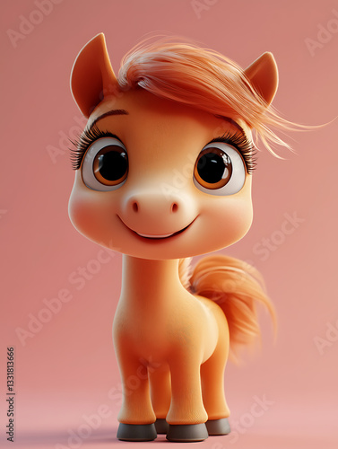 Obraz na płótnie Cute cartoon horse with big eyes and vibrant orange mane stands against a soft pink background, exuding a friendly and cheerful expression w salonie