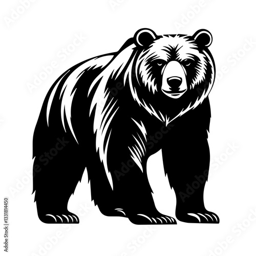 Black and white illustration of a brown bear. Bear. Wild animal.