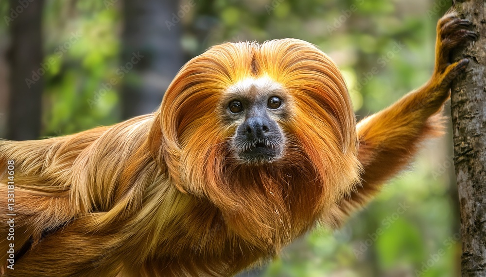 Naklejka premium A golden lion tamarin, with its vibrant golden fur and expressive face, swings gracefully through the jungle, its tail wrapped around a branch, surrounded by lush green foliage