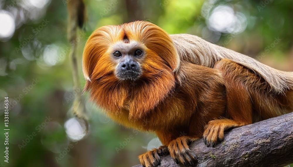 Naklejka premium A golden lion tamarin, with its vibrant golden fur and expressive face, swings gracefully through the jungle, its tail wrapped around a branch, surrounded by lush green foliage