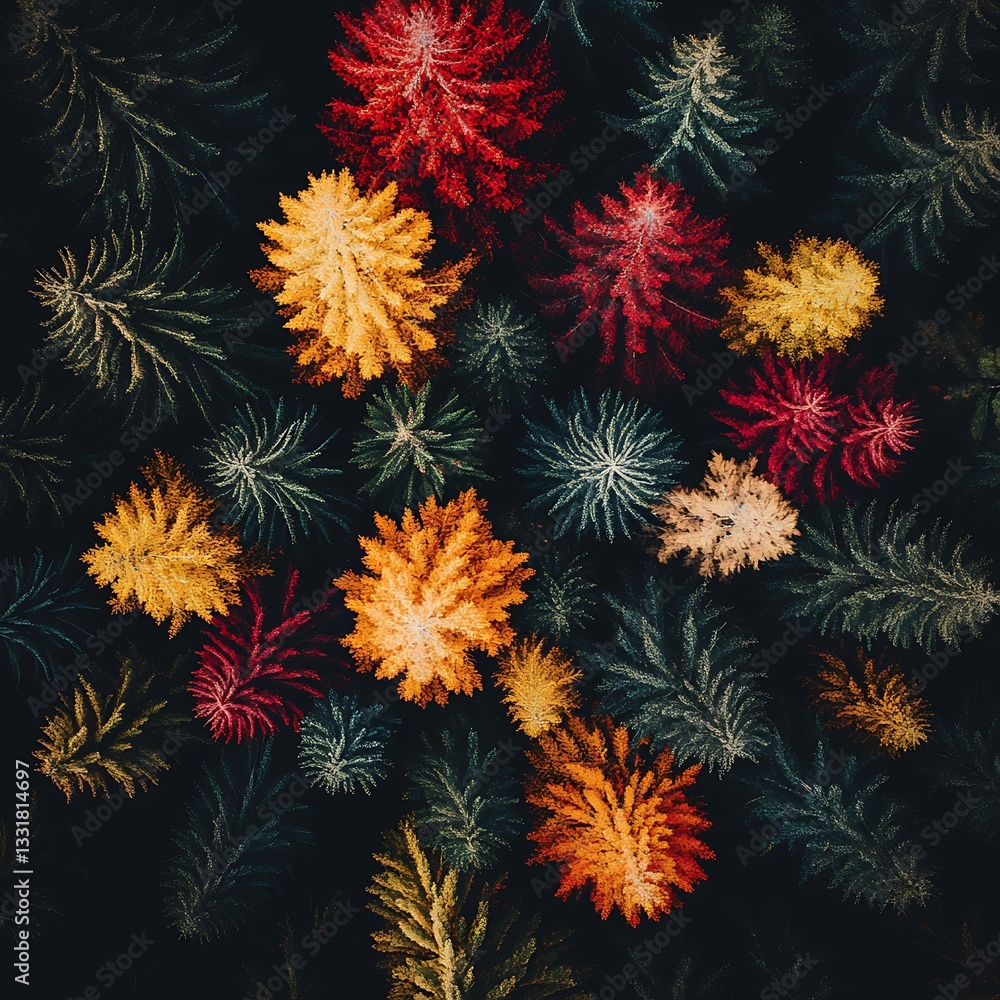 Colorful abstract depiction of stylized pine trees on a dark background Colorful abstract depiction of stylized pine trees on a dark background