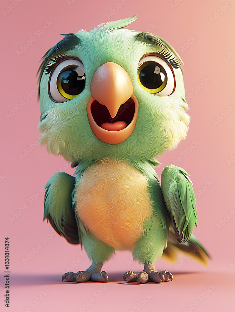 Cute cartoon bird character with large eyes and fluffy feathers standing against a pastel background in a cheerful display of color and personality