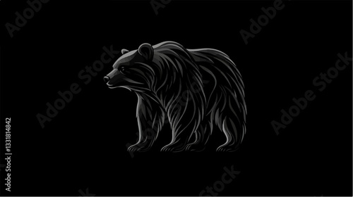 Black and white illustration of a brown bear. Bear. Wild animal.