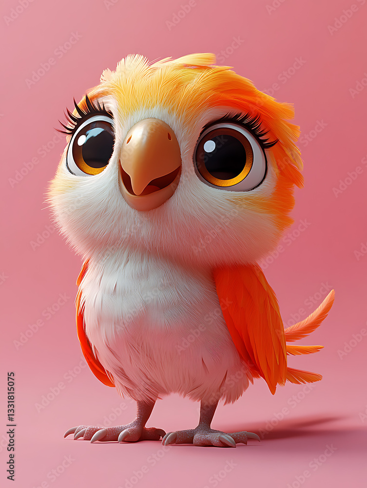 Cute cartoon bird character with large eyes and fluffy feathers standing against a pastel background in a cheerful display of color and personality
