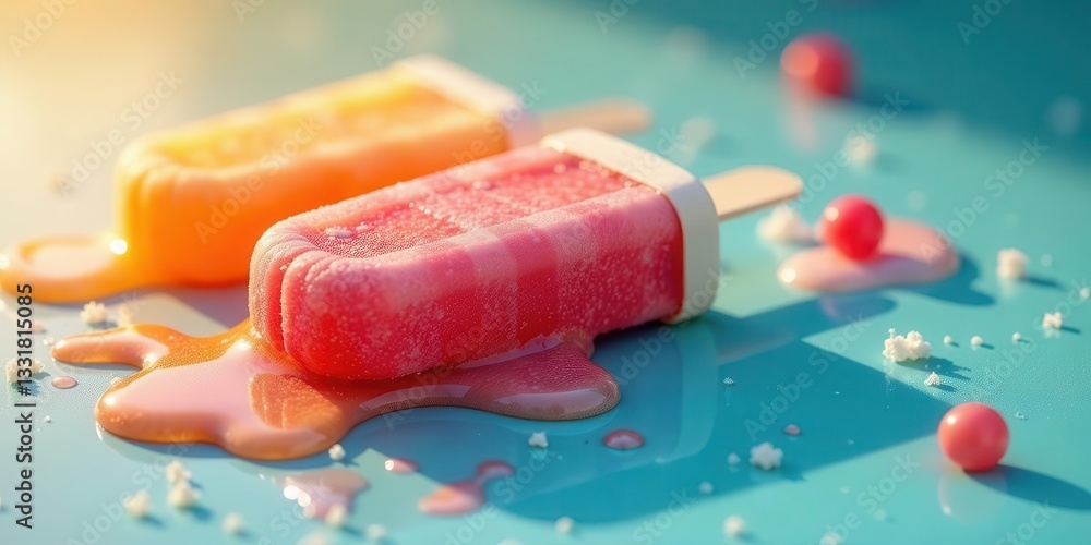 Two melting popsicles on a turquoise surface with scattered sprinkles and small spheres Two melting popsicles on a turquoise surface with scattered sprinkles and small spheres