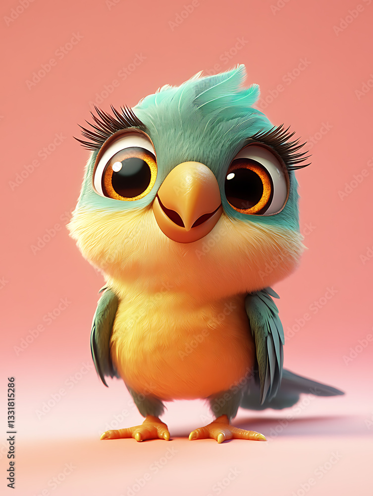 Cute cartoon bird character with large eyes and fluffy feathers standing against a pastel background in a cheerful display of color and personality