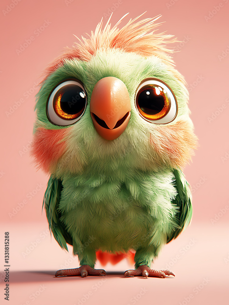 Cute cartoon bird character with large eyes and fluffy feathers standing against a pastel background in a cheerful display of color and personality