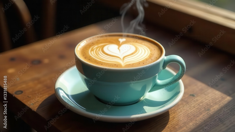 Aromatic Steam Rising From a Perfectly Crafted Latte in a Mint-Green Cup on a Wooden Table Aromatic Steam Rising From a Perfectly Crafted Latte in a Mint-Green Cup on a Wooden Table