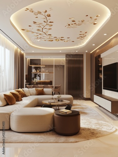 Elegant modern living room with intricate ceiling design.  A sophisticated space features a modular sectional sofa, accent ottoman, coffee table, and built-in media center. 