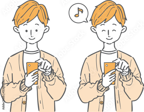 スマホを操作する若い男性のイラスト素材　上半身　ベクター