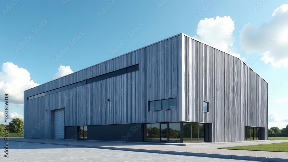 Modern Industrial Building with Sleek Metal Siding and Expansive Windows Under a Bright Sky Modern Industrial Building with Sleek Metal Siding and Expansive Windows Under a Bright Sky