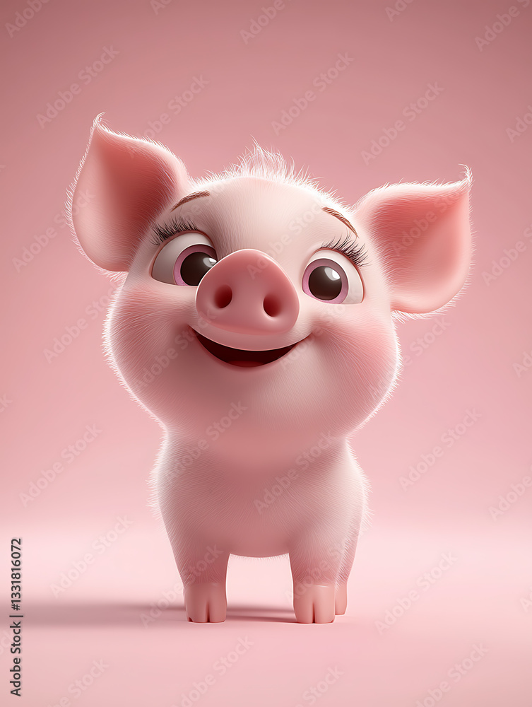Cute pink piglet with big eyes smiling playfully against a soft pink background in a cheerful setting
