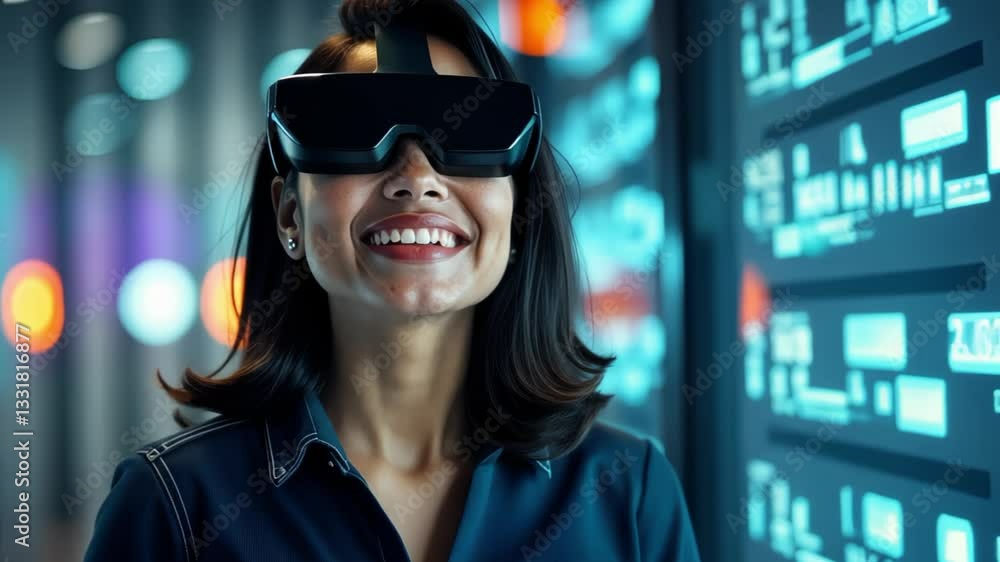 Smiling woman in futuristic virtual reality glasses against digital data in data center Smiling woman in futuristic virtual reality glasses against digital data in data center