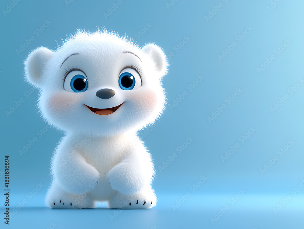 Cute cartoon polar bear cub sitting happily against a blue background, showcasing its playful and friendly expression in a charming design