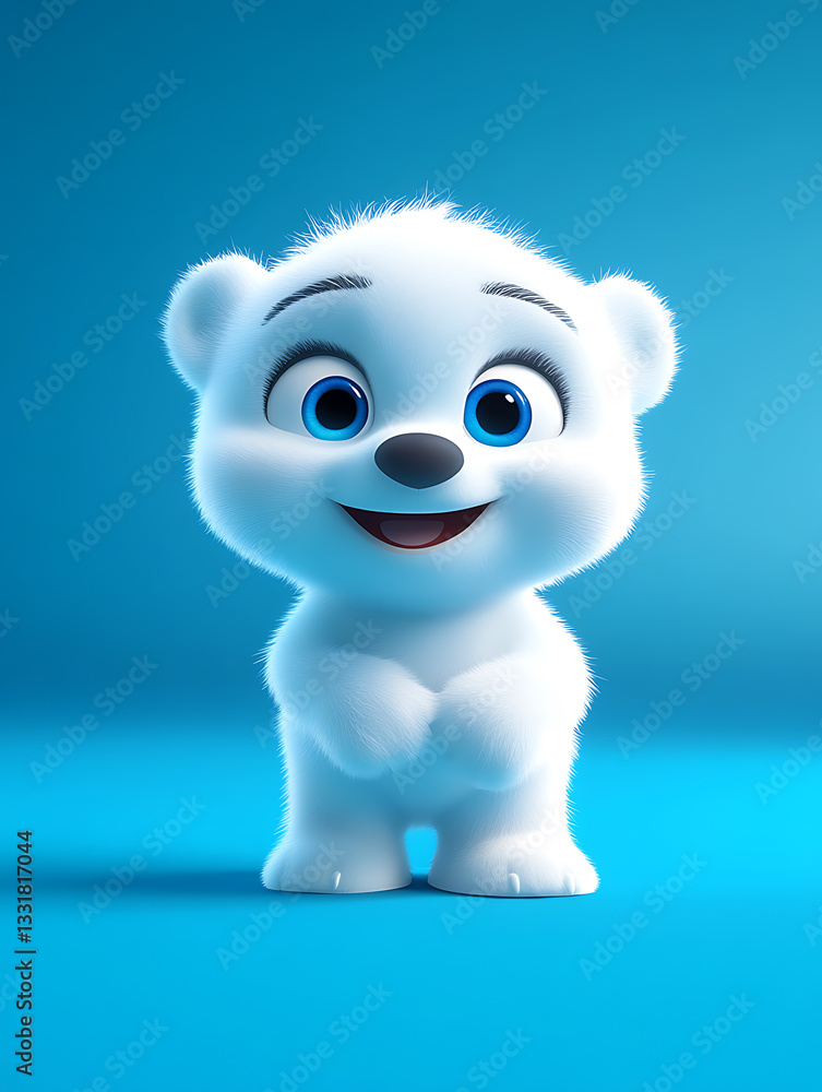 Cute cartoon polar bear cub sitting happily against a blue background, showcasing its playful and friendly expression in a charming design