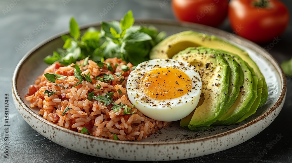 Healthy Tomato Rice Bowl with Soft Boiled Egg and Avocado Healthy Tomato Rice Bowl with Soft Boiled Egg and Avocado