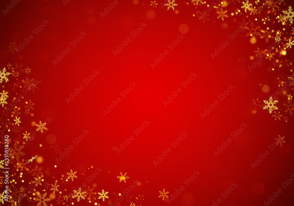 Golden Snowflake Glitter Falling on Elegant Red Background for Christmas Designs Golden Snowflake Glitter Falling on Elegant Red Background for Christmas Designs
