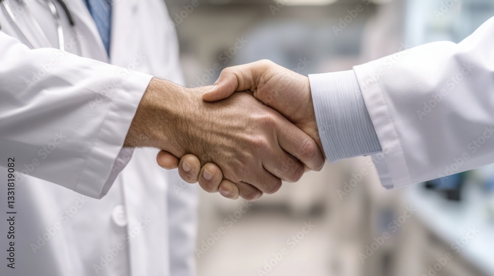 Doctors firmly shaking hands in a sterile white lab, representing trust and collaboration in healthcare innovation, Doctors firmly shaking hands in a sterile white lab, representing trust and collaboration in healthcare innovation,