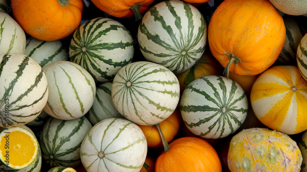 A display of striped melons, pineapples, and oranges at the farmer's market A display of striped melons, pineapples, and oranges at the farmer's market