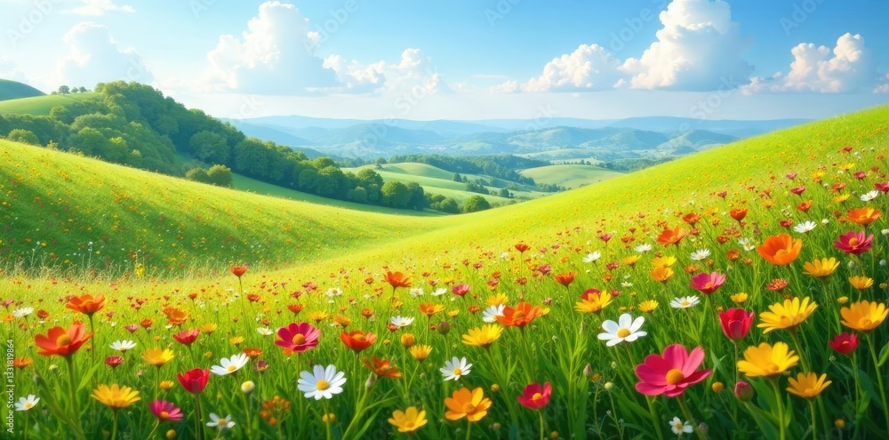 Rolling hills covered in a blanket of wildflowers swaying gently in the breeze, blooms, landscape Rolling hills covered in a blanket of wildflowers swaying gently in the breeze, blooms, landscape