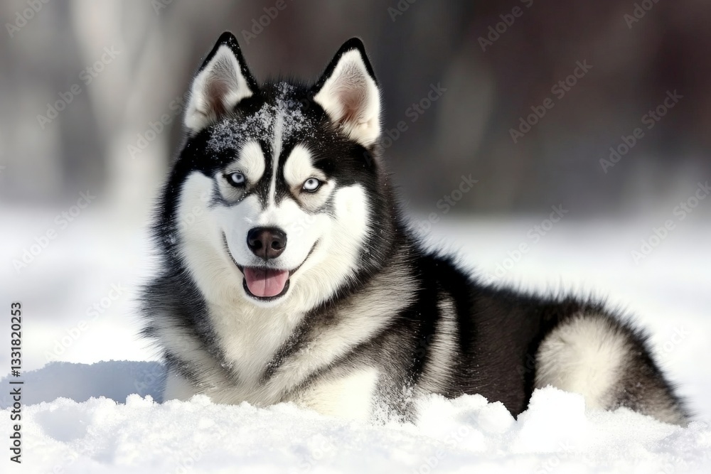 Beautiful Siberian husky relaxing in fresh snow on a sunny winter day in a serene snowy landscape Beautiful Siberian husky relaxing in fresh snow on a sunny winter day in a serene snowy landscape