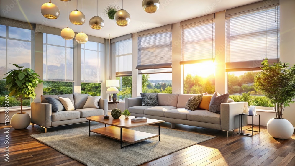 Fototapeta premium Modern Living Room with Large Windows and White Roller Blinds - Stylish Interior Design, Natural Light, Bokeh Effect, Contemporary Decor, Cozy 