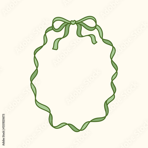 Coquette frame of pretty charming green bow and ribbon. Hand drawn holiday oval border. Vintage whimsical background for greeting cards, wedding, invitations, social media. Natural colors
