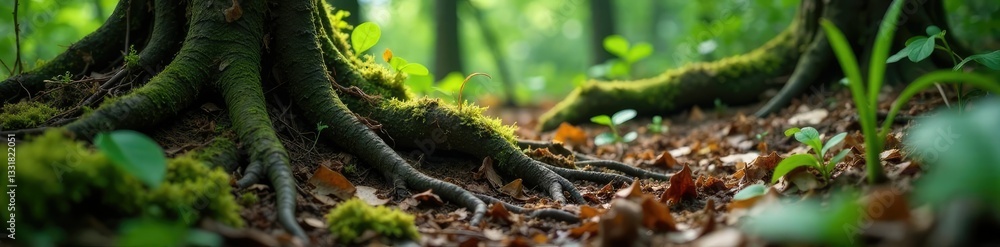 Root tendrils weaving in and out of decaying leaves, natural world, undergrowth Root tendrils weaving in and out of decaying leaves, natural world, undergrowth